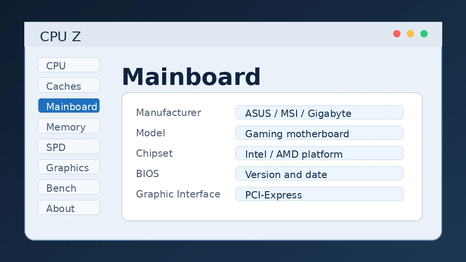 CPUZ mainboard tab showing board and BIOS details